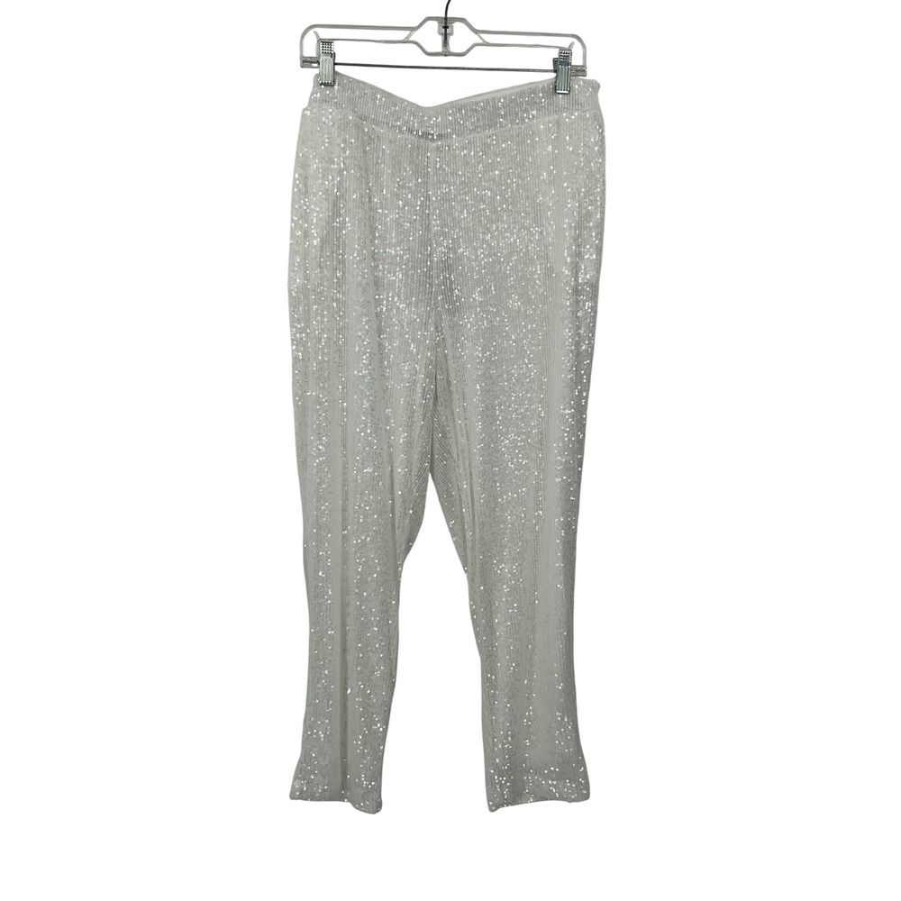 Cable & Gauge Sequin‎ Pants Party Sparkle White Trousers XL #1176